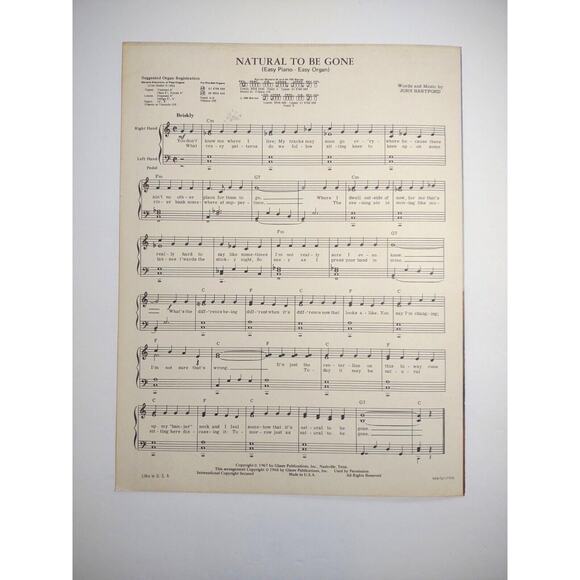 Natural To Be Gone John Hartford Sheet Music 1967 Song Glaser Publications - Picture 3 of 3